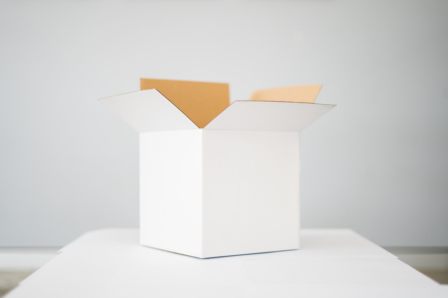 box on white table in a white room indoors
