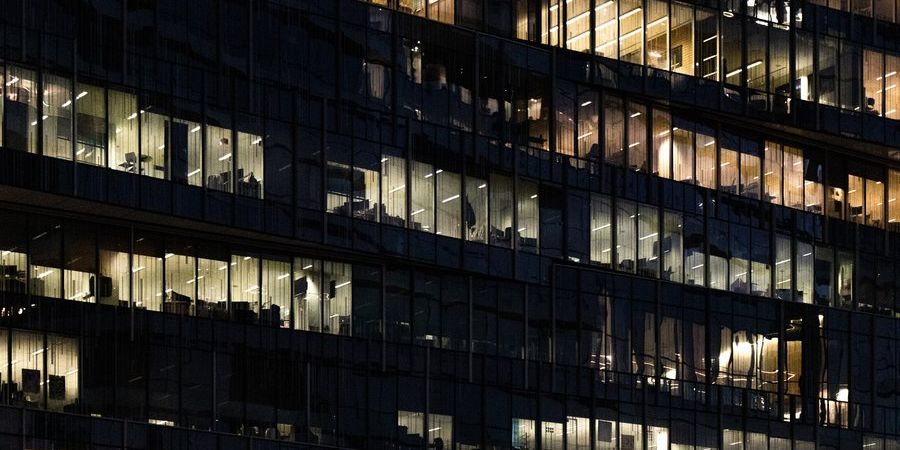 office at night with lights on