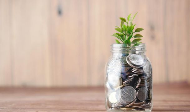 jar of money with a plant coming out, indoors