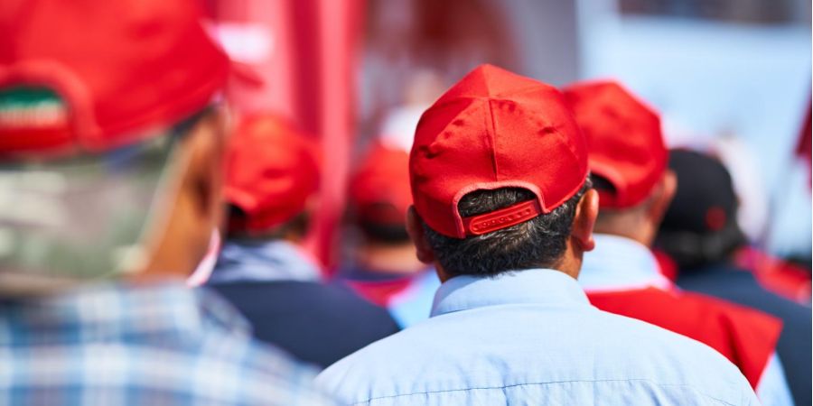 walkout, outdoors, red hats