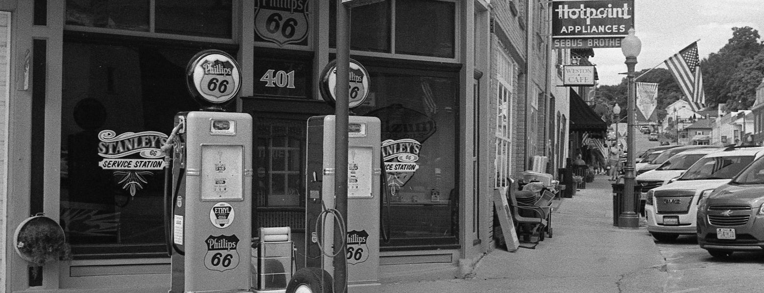 Rehabbed non functioning gas station, outdoors