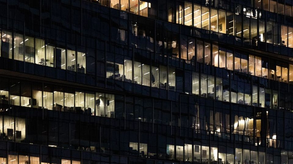 office at night with lights on