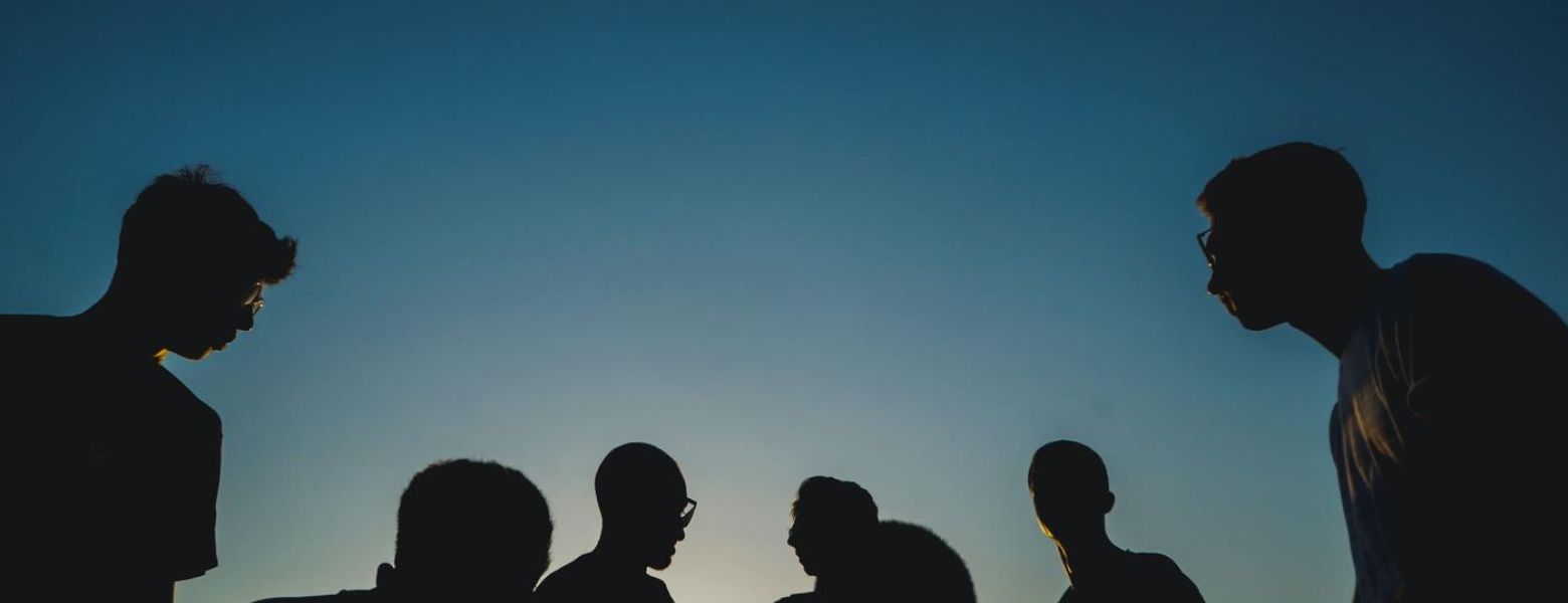 goup of people outdoors, blue sky, Silhouette