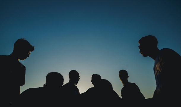 goup of people outdoors, blue sky, Silhouette