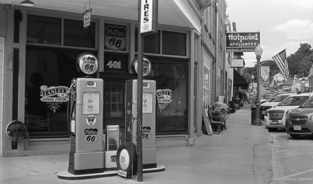 Rehabbed non functioning gas station, outdoors