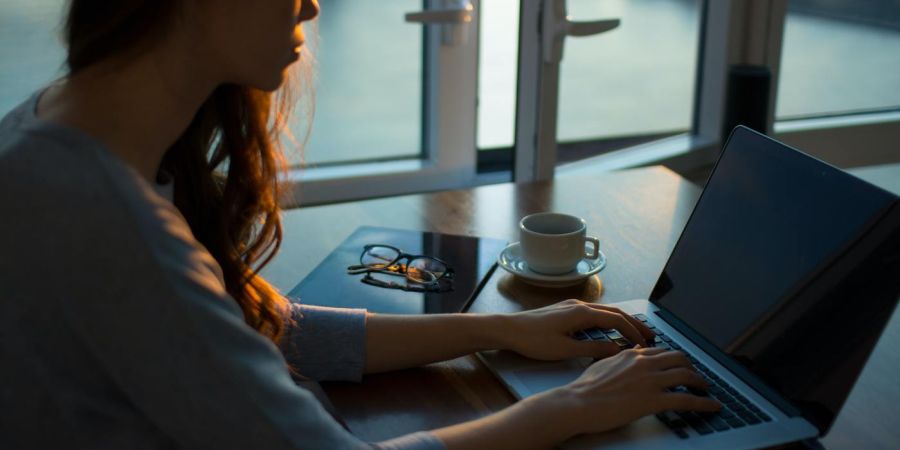 woman using a computer indoors near window