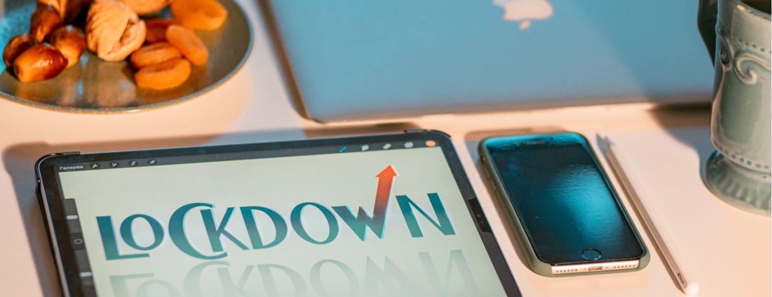 lockdown on tablet, computer, phone, food, mug, desk