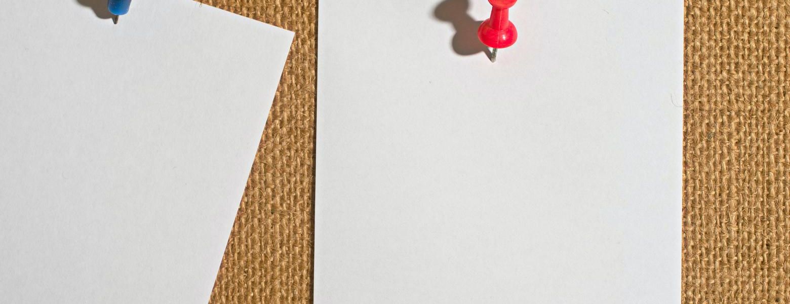 papers pinned to cloth backdrop