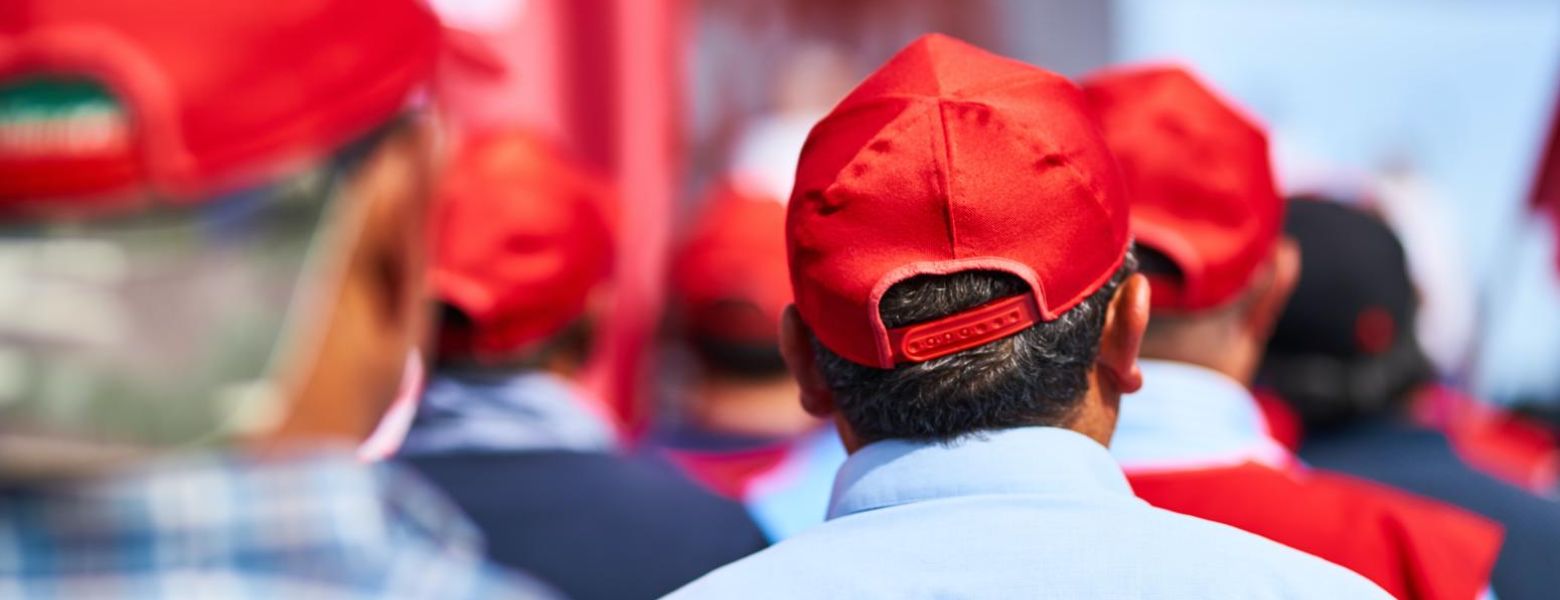 walkout, outdoors, red hats