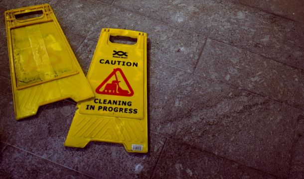 caution clean yellow standing sign floor