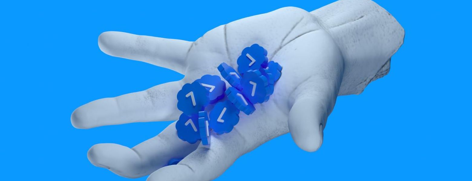 3d graphic hand holding blue icons