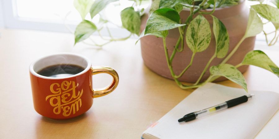 mug of tea on a table next to a plant and notebook with pen indoors