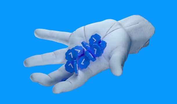 3d graphic hand holding blue icons