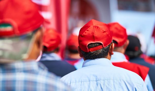 walkout, outdoors, red hats
